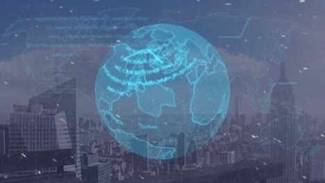 animación de partículas blancas sobre un globo giratorio y procesamiento de datos frente a la vista del paisaje urbano