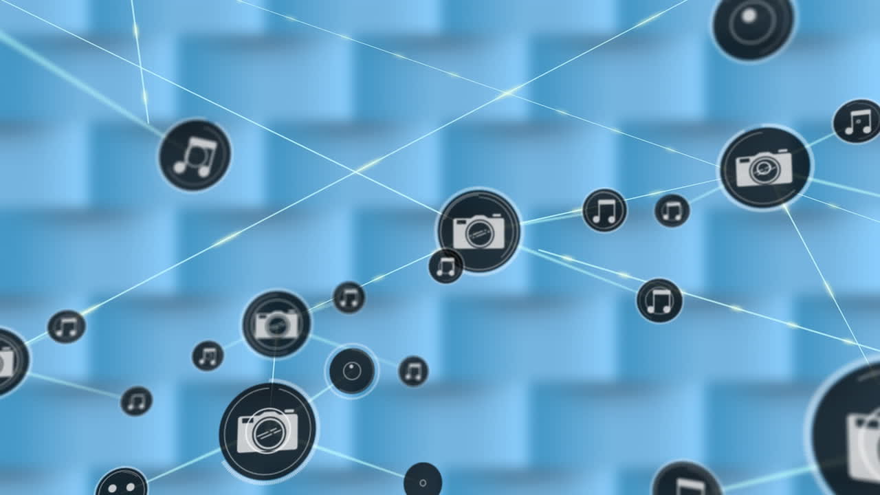 파란 벽돌 배경에 카메라 아이콘으로 연결 네트워크의 애니메이션