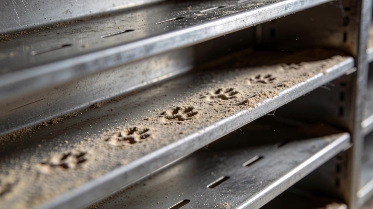 Camera panning right exposing metal tray centered on metal shelf with repeated paw prints in dust