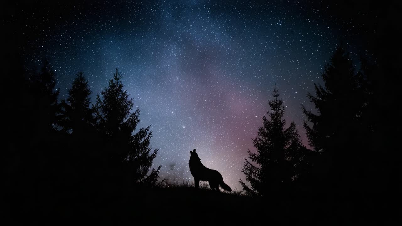 A lone wolf howls at the starlit sky, silhouetted against a backdrop of trees and a cosmic display of colors, capturing the beauty of nature and wildlife at night