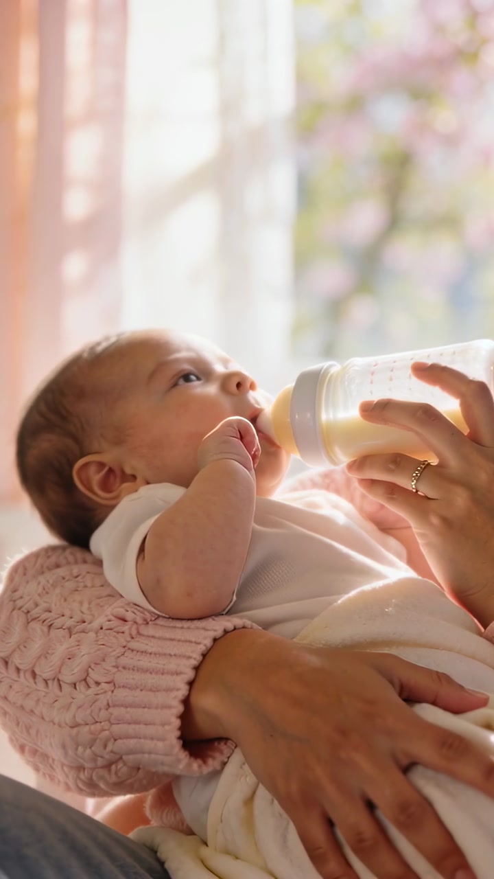 Vertical video: Offering bottle, caregiver in pink sweater feeding infant near sunlit pink curtains