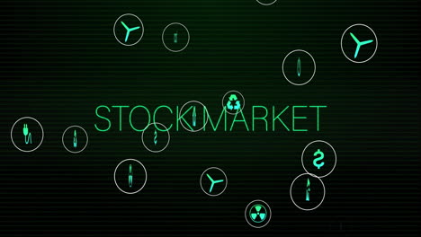 animation of stock market text with financial symbols on green digital background