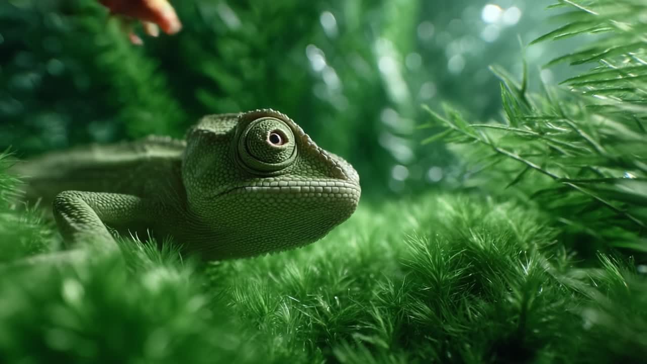 A Chameleon in Lush Greenery: Capturing the Natural Behavior and Habitat of a Color-Changing Reptile in a Vibrant, Lush Environment