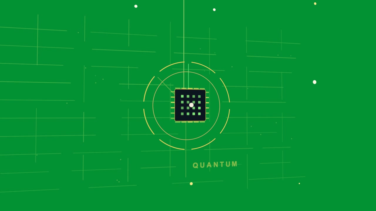 Griglia gialla tenue che emerge, chip che appare, particelle che fluttuano, mostrando QUANTUM su sfondo trasparente.