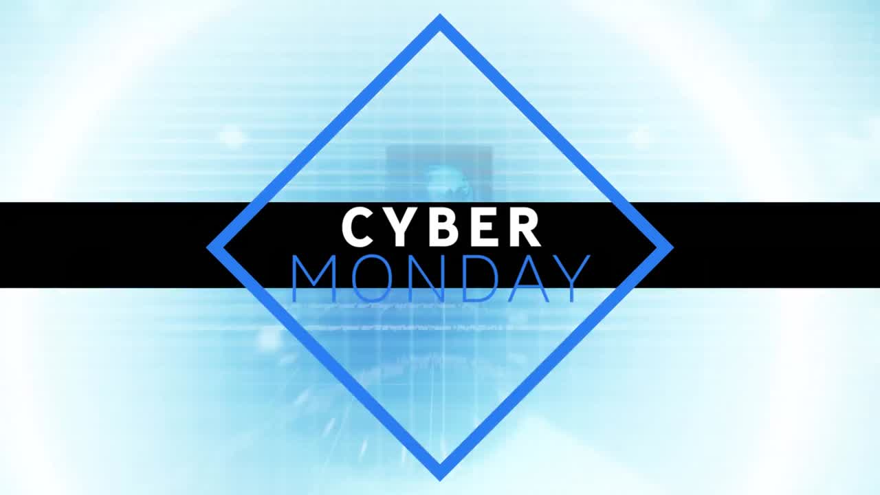 Digital animation af Cyber Monday tekstbanner mod flere runde scannere og databehandling