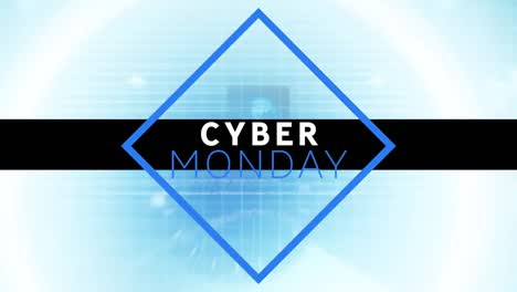 animación digital del banner de texto de cyber monday contra múltiples escáneres redondos y procesamiento de datos