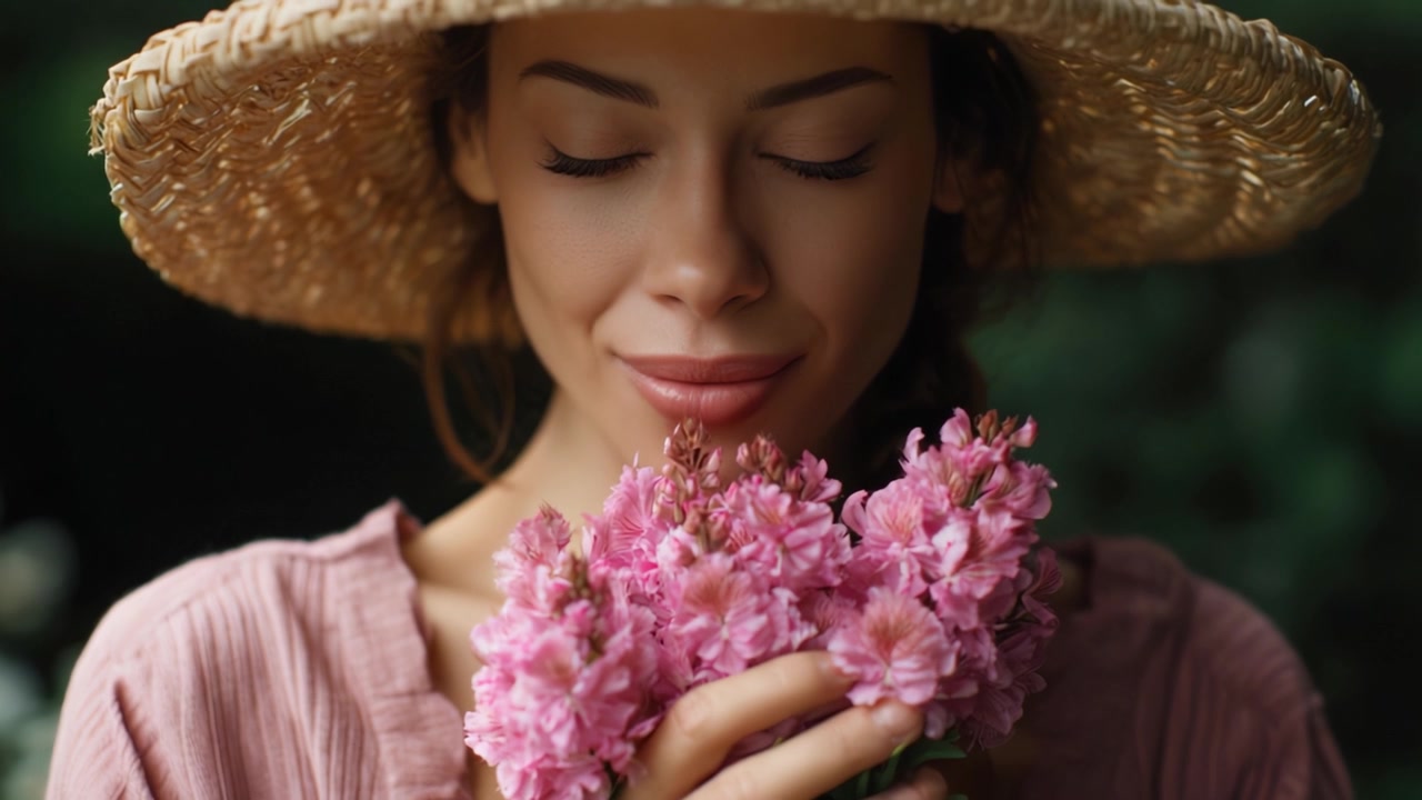 Bella donna con un cappello di paglia che tiene in mano fiori rosa, che irradia gioia e serenità in uno sfondo verde e rigoglioso, catturando l'essenza della natura e della felicità.