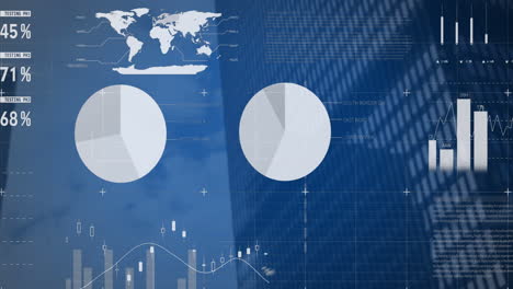 animation of white colored infographic interface over modern building against cloudy sky