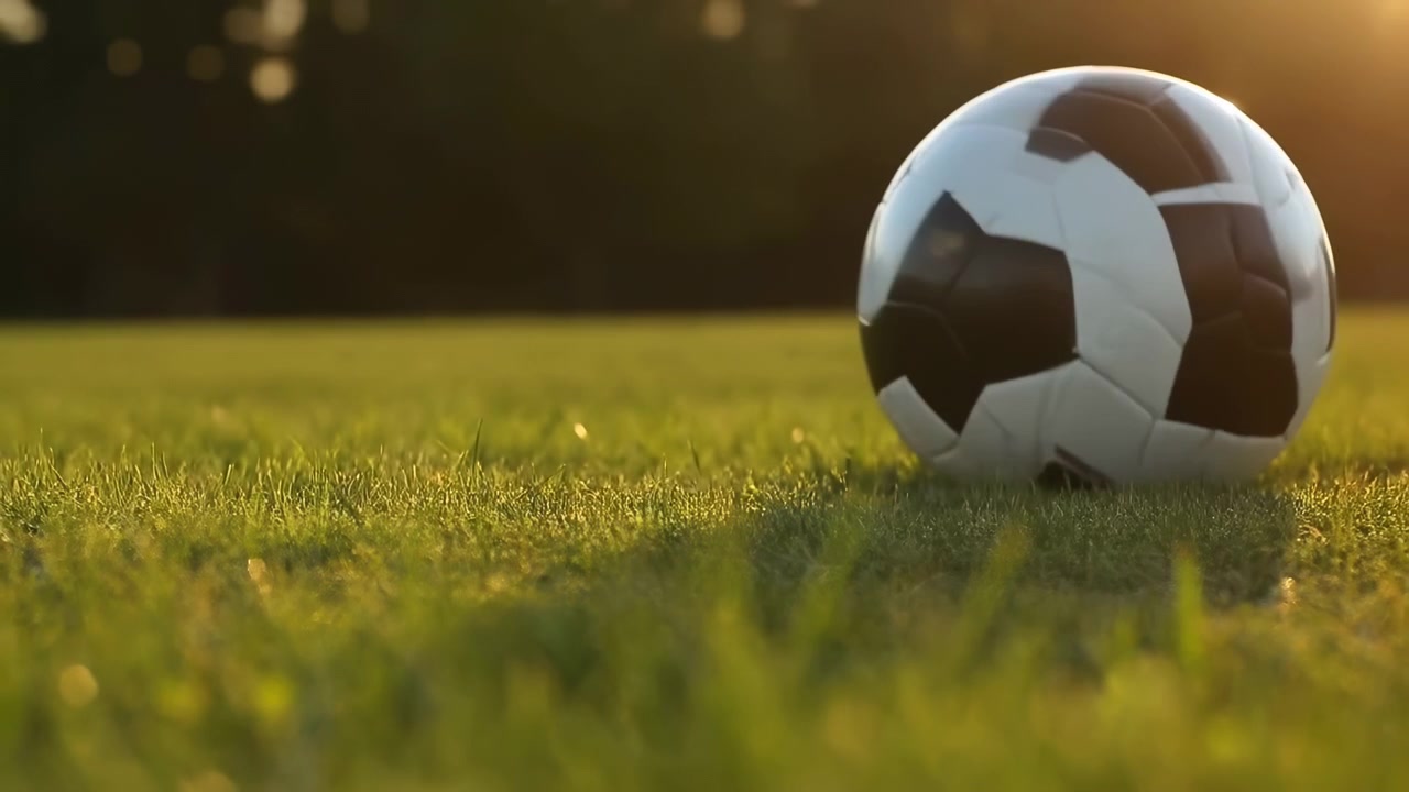 Sort og hvid fodbold bevæger sig hen over en solbeskinnet græsplæne mod kameraet, mens skarpe græsstrå forbliver sprøde, varmt lys skinner gennem scenen, og blød bokeh tilføjer en energisk udendørs sportsstemning