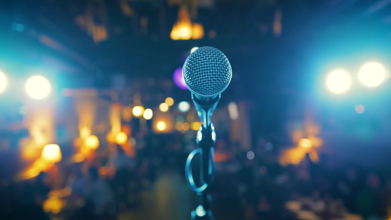micrófono en el escenario contra un fondo de auditorio.