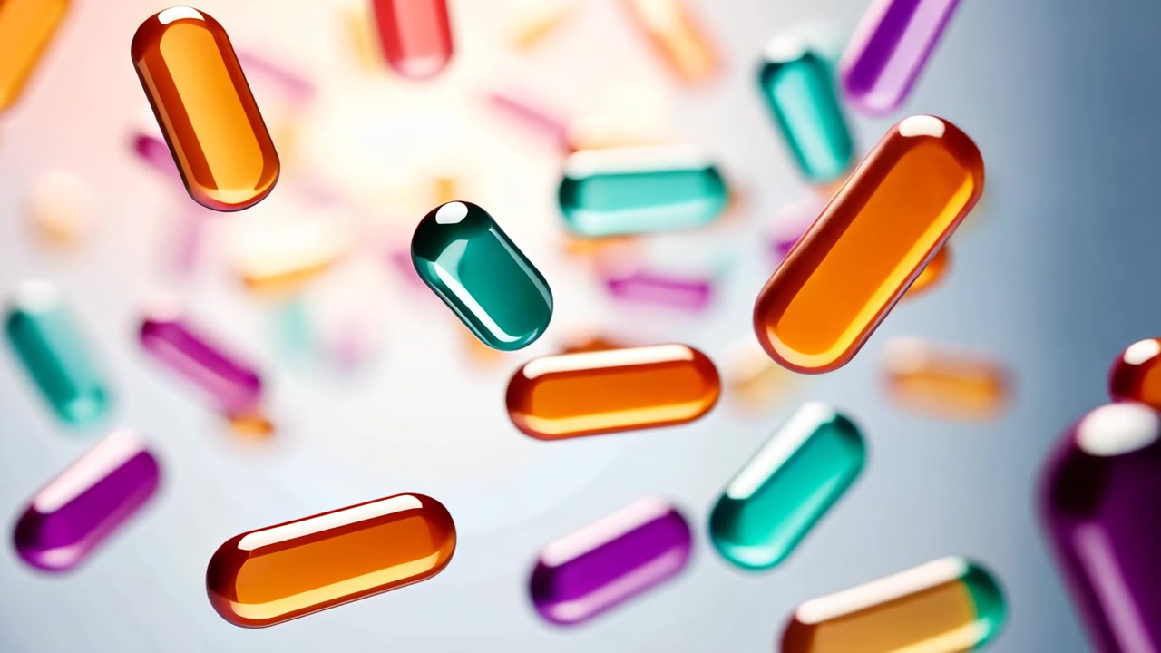 Capsule farmaceutiche colorate che fluttuano a mezz'aria