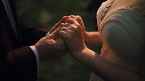 Couple-holding-hands-in-the-warm-light-of-the-sun,-serene-scene,-close-up-slow-motion