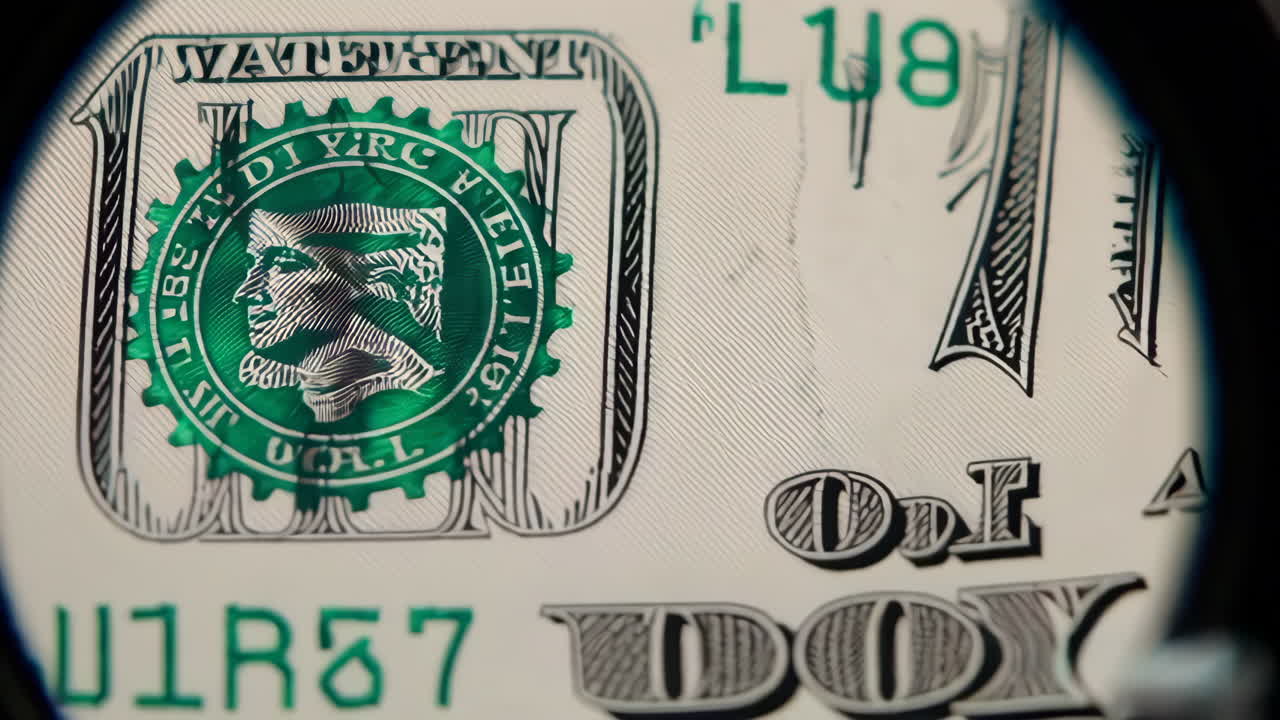 Close-up of a US $100 bill under a magnifying glass