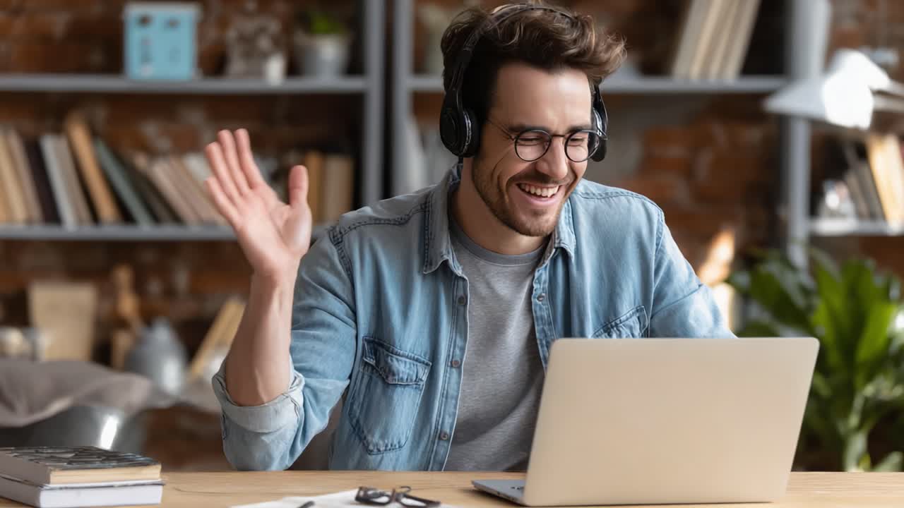 A cheerful young man wearing headphones joyfully greets his friends on a video call while working at his laptop in a cozy, book-filled study