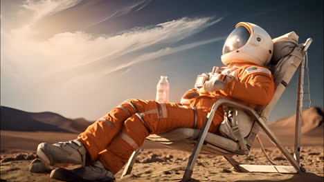 man in orange astronaut suit sitting in chair
