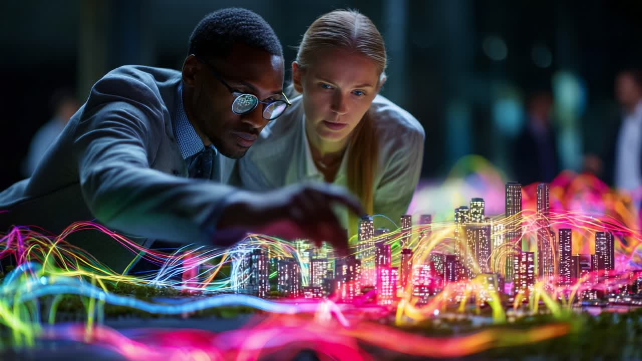 Two professionals analyzing a vibrant, illuminated city model, showcasing intricate details and colorful light trails representing urban data and innovative technology concepts
