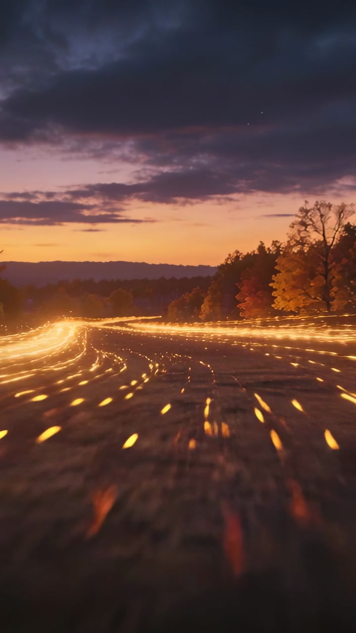 Vertical video: Light points appearing, golden streaks flowing along asphalt at twilight with trees