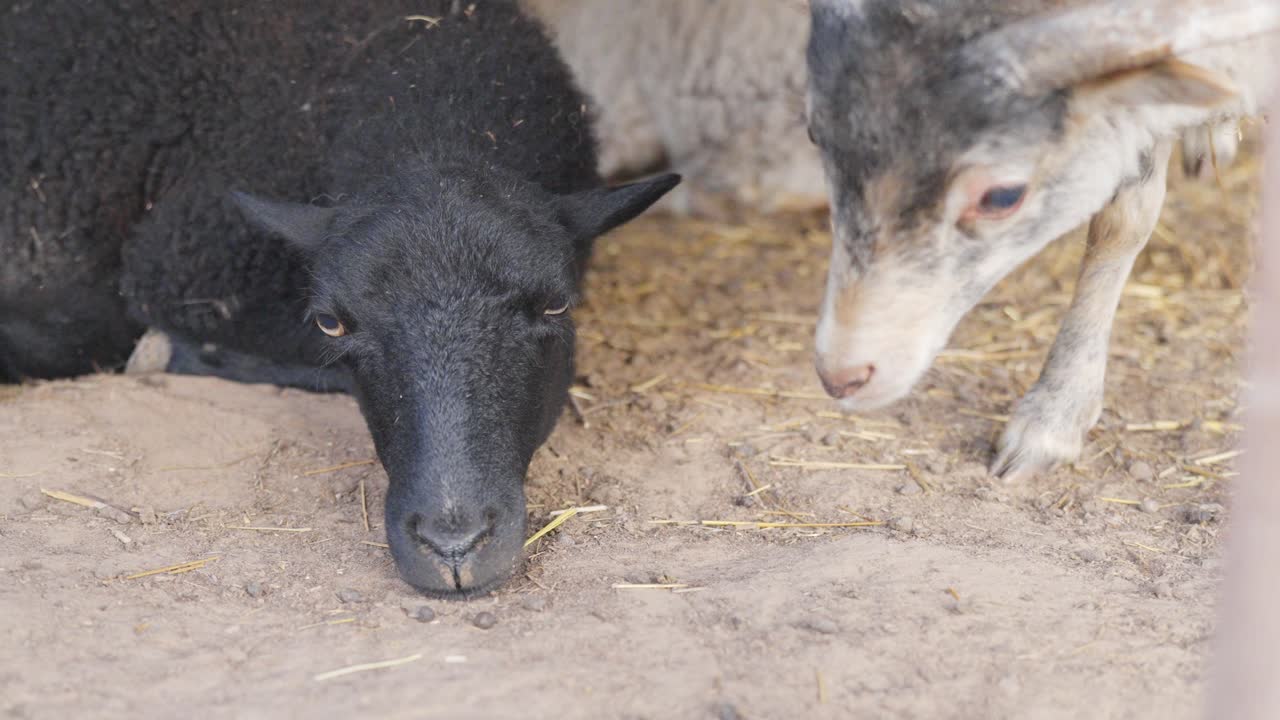 primer plano de ángulo alto de una oveja negra descansando, otras ovejas blancas entran en la toma