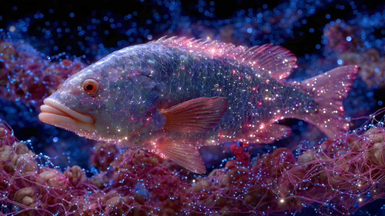 A Beautiful, Ethereal Fish Glows in a Cosmic Underwater Scene, Surrounded by Shimmering Lights and Vibrant Colors, Creating an Enchanting Aquatic Atmosphere