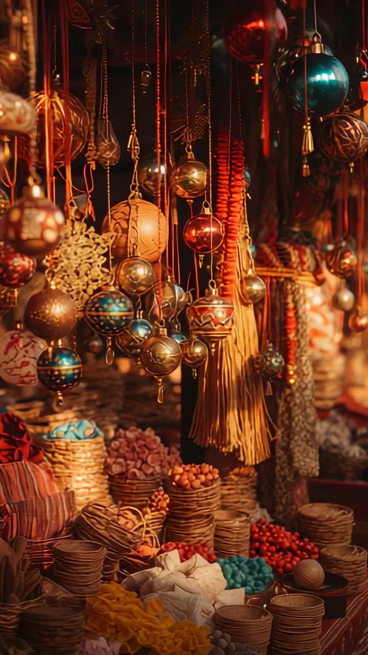 Vertical video: Camera panning market stall showcasing metal orbs, gold tassel, baskets, fabrics