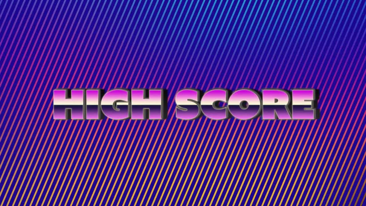 Animation of high score text in metallic letters over glowing blue to ...