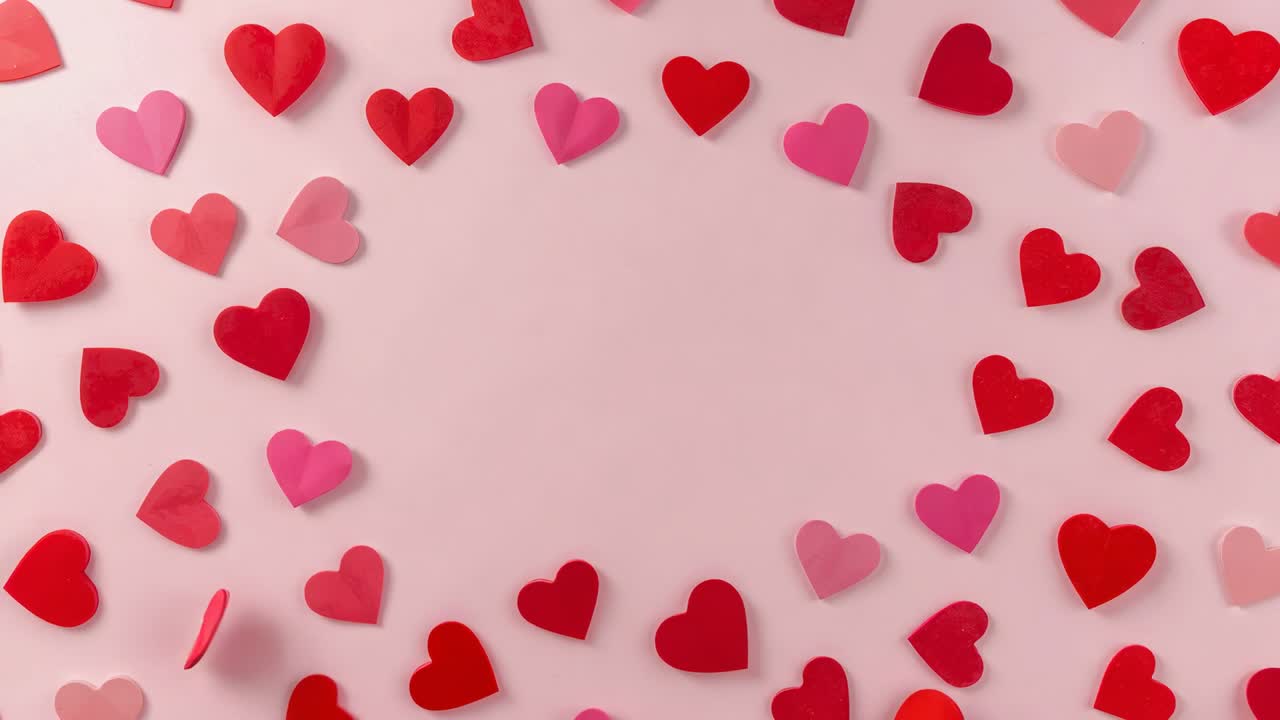 Cuori di carta esterni fluttuanti che si muovono verso l'interno grazie al flusso d'aria su un foglio rosa pallido, formando una pila