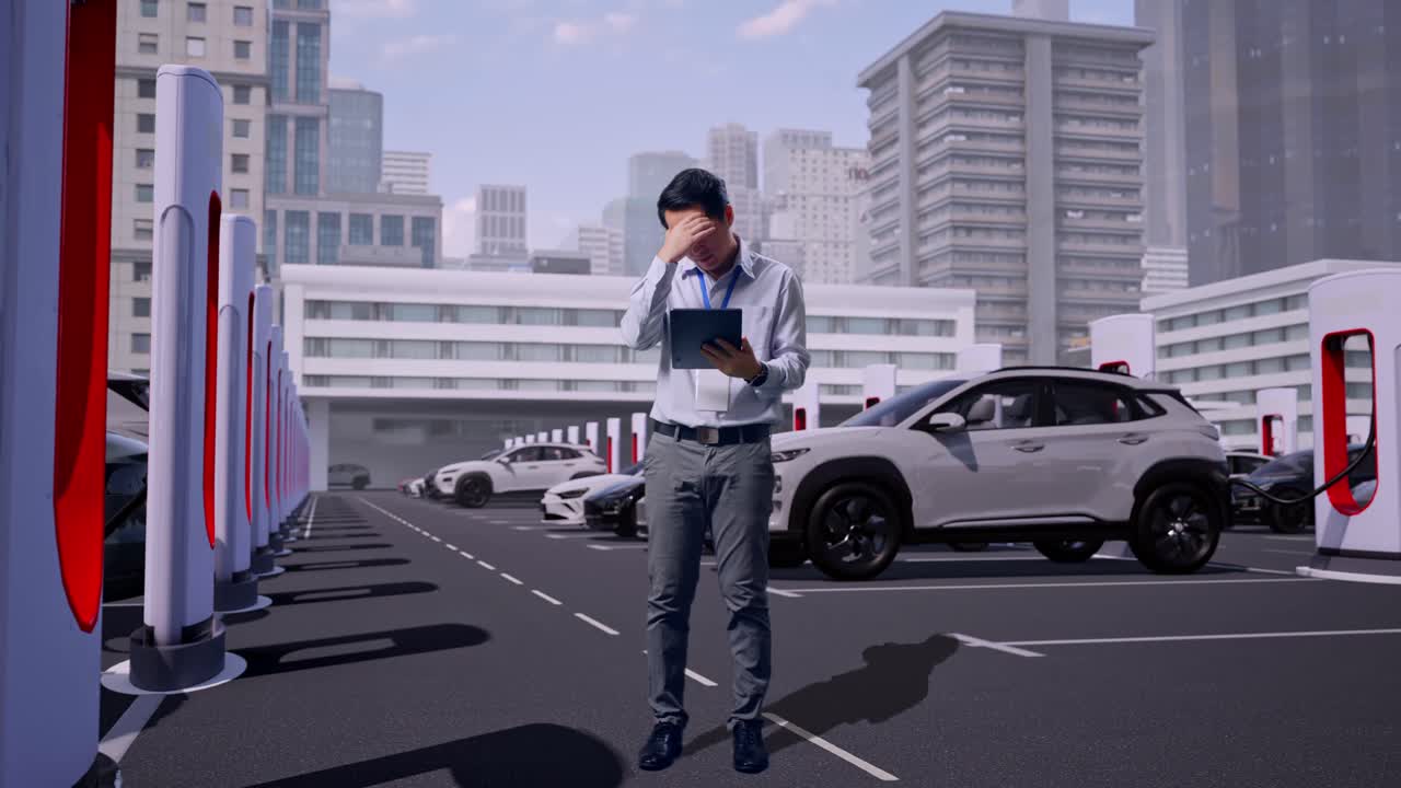 最新の都市型充電ステーションで電気自動車が充電される中、タブレットを手に立ち、頭を振りながら失望した様子で入力作業をするアジア人男性専門職の全身。