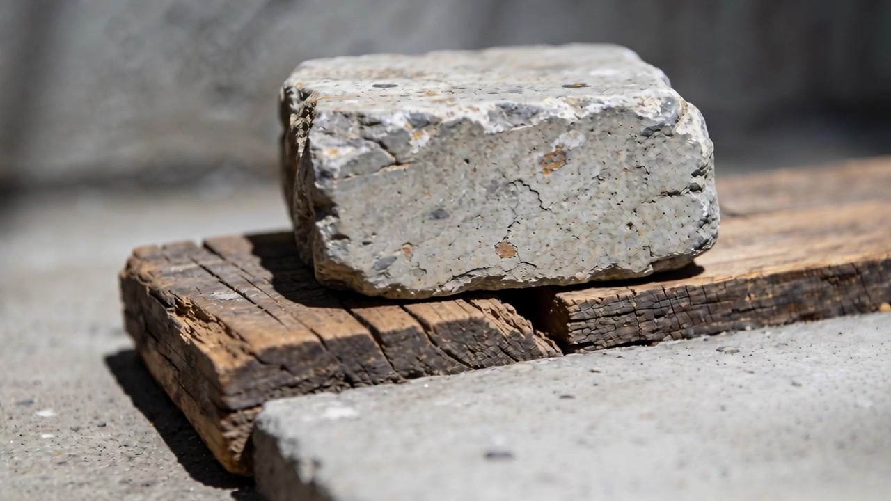 Telecamera che si sposta in avanti e verso l'alto, mostrando un blocco di cemento scheggiato su spessori di legno per l'ispezione.