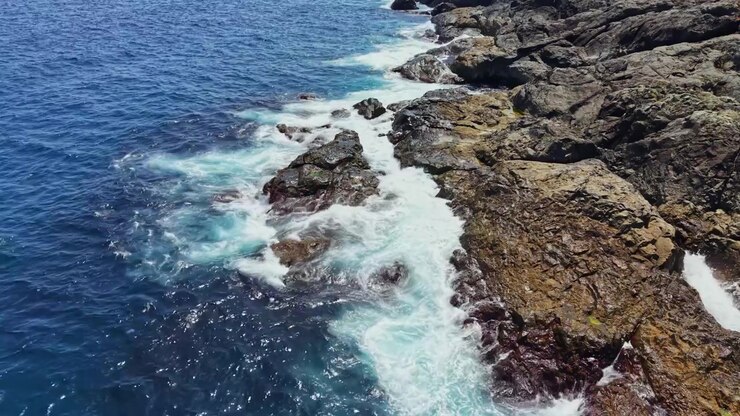 Côte rocheuse rencontrant les vagues de l'océan sur un rivage en milieu de journée par temps clair