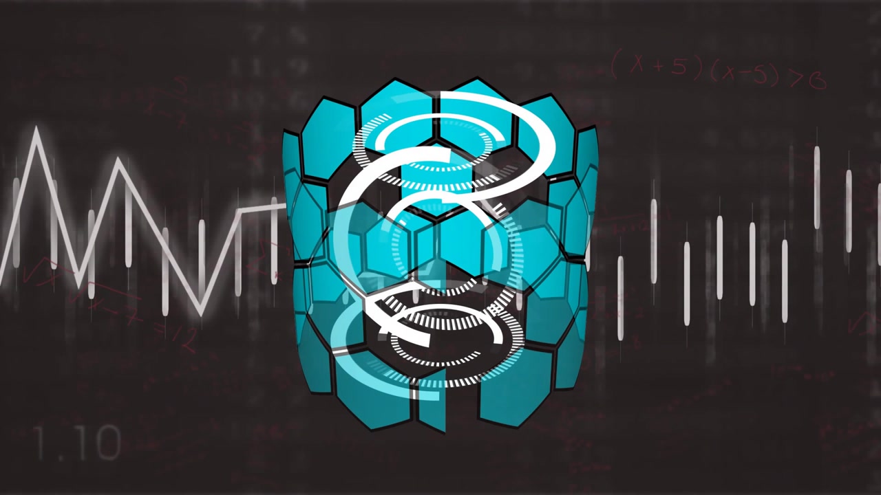 Appearing turquoise cylinder rotating while rings sliding and bars pulsing flickering data flowing