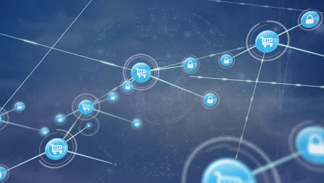 Animation-of-network-of-connections-with-icons-with-circuit-board-on-blue-background