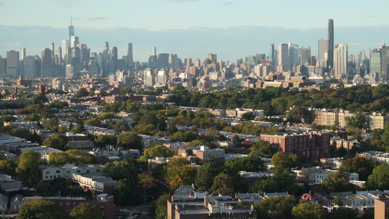 Aerial view of Brooklyn and Manhattan on an autumn day. Shot in New York City in 4k.