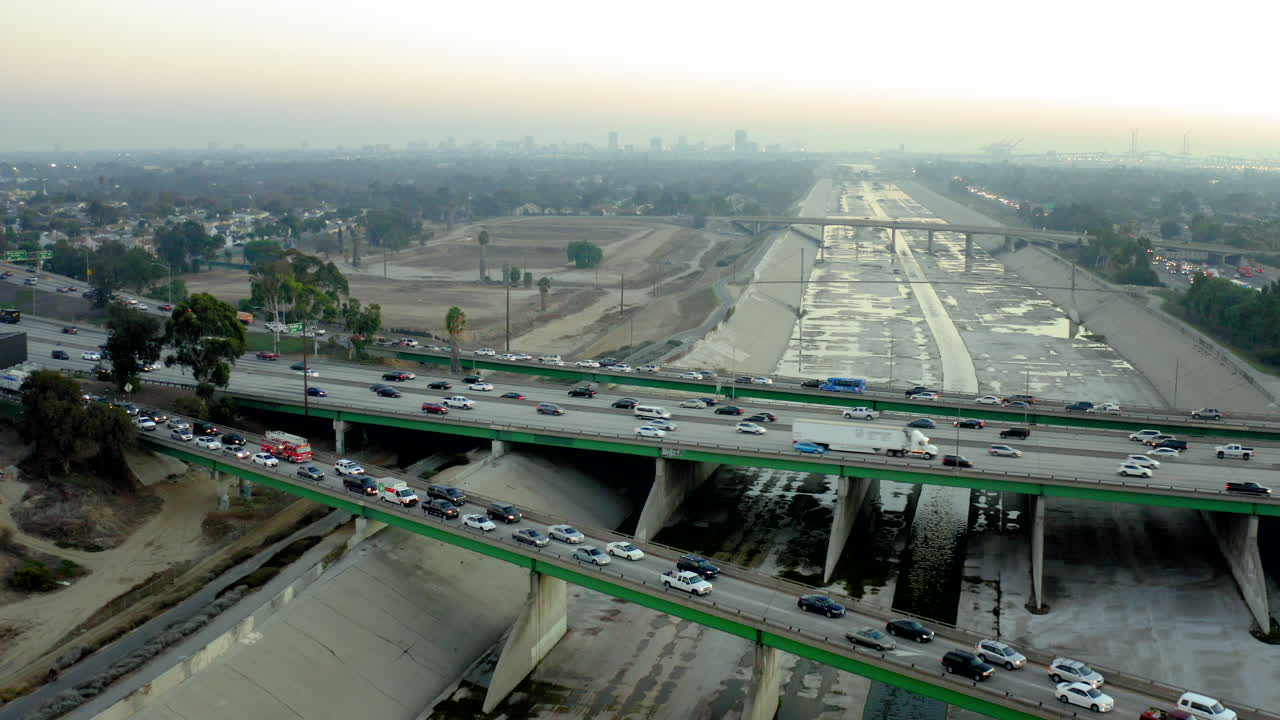 Aerial View of Busy Freeways and Concrete River Channel in an Urban Landscape