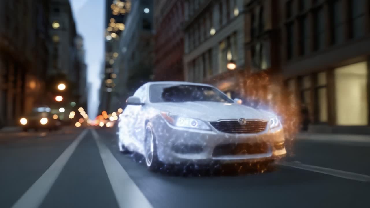 Un'auto futuristica percorre una vivace via cittadina, lasciando una scia di luce scintillante che illumina il paesaggio urbano circostante al crepuscolo