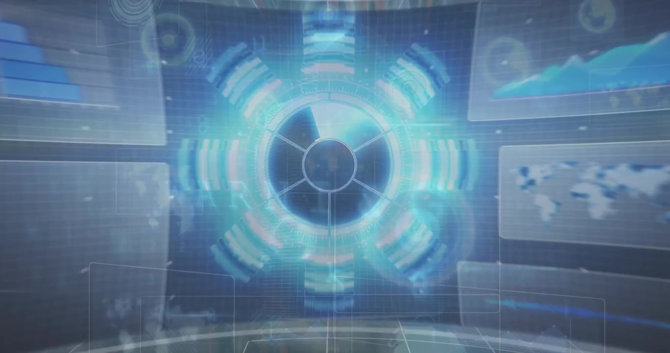 Animation of scope scanning and data processing over caucasian woman in server room