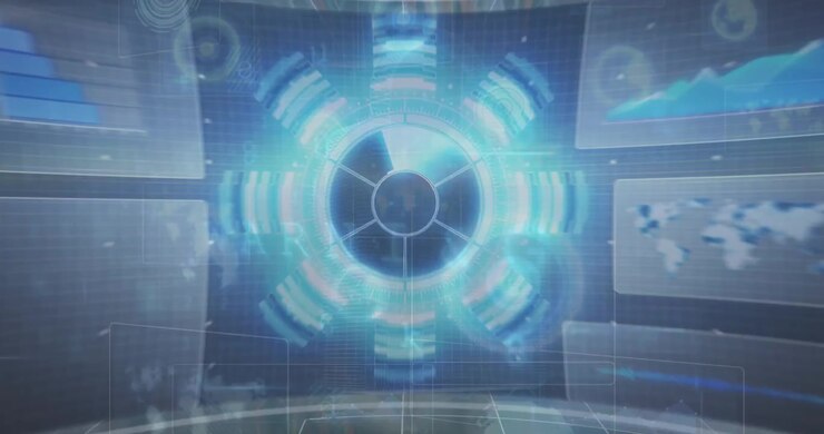 Animation of scope scanning and data processing over caucasian woman in server room