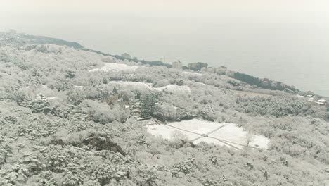 도시 와 바다 를 볼 수 있는 눈 인 산악 풍경