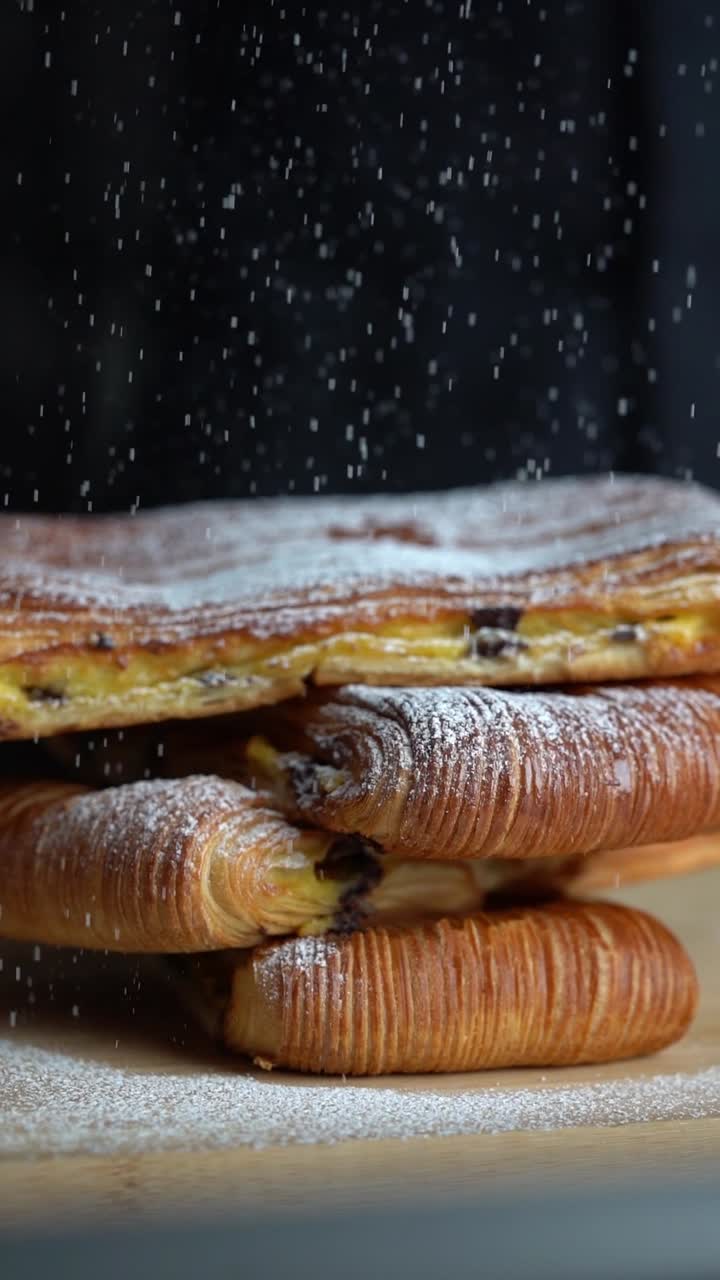 Uno chef aggiunge sale a un croissant ripieno di crema e cioccolato, primo piano, inquadratura d'inserto.