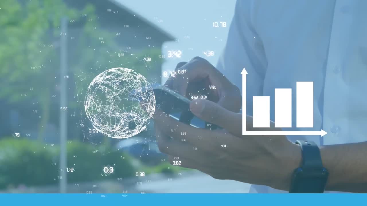 스마트폰을 사용하는 금융 데이터 처리 및 전 세계 사업가의 애니메이션