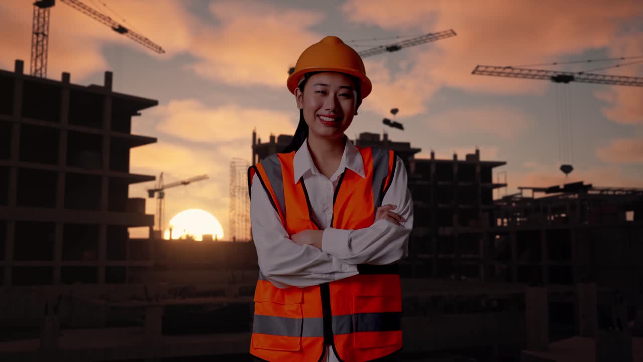 Asian Female Engineer With Safety Helmet Crossing Her Arms And Smiling To Camera While Standing At Construction Site in Progress to New House