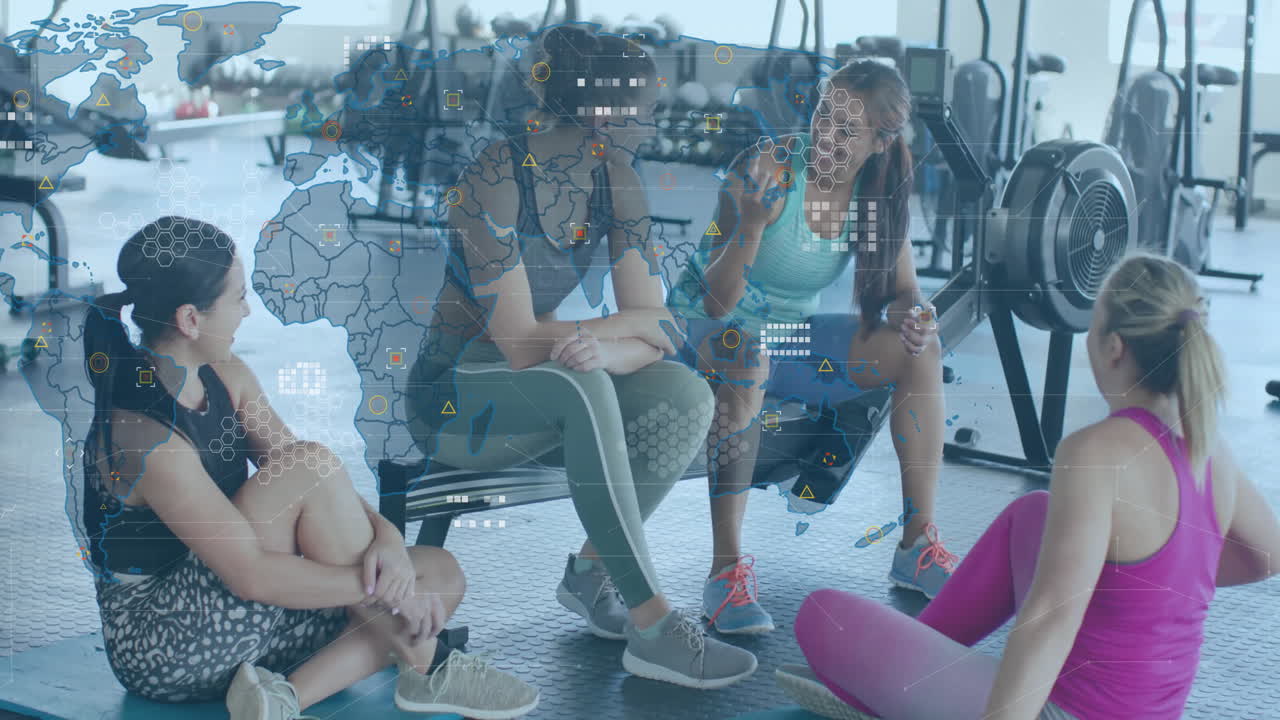 Women in gym resting with global network and data processing animation overlay