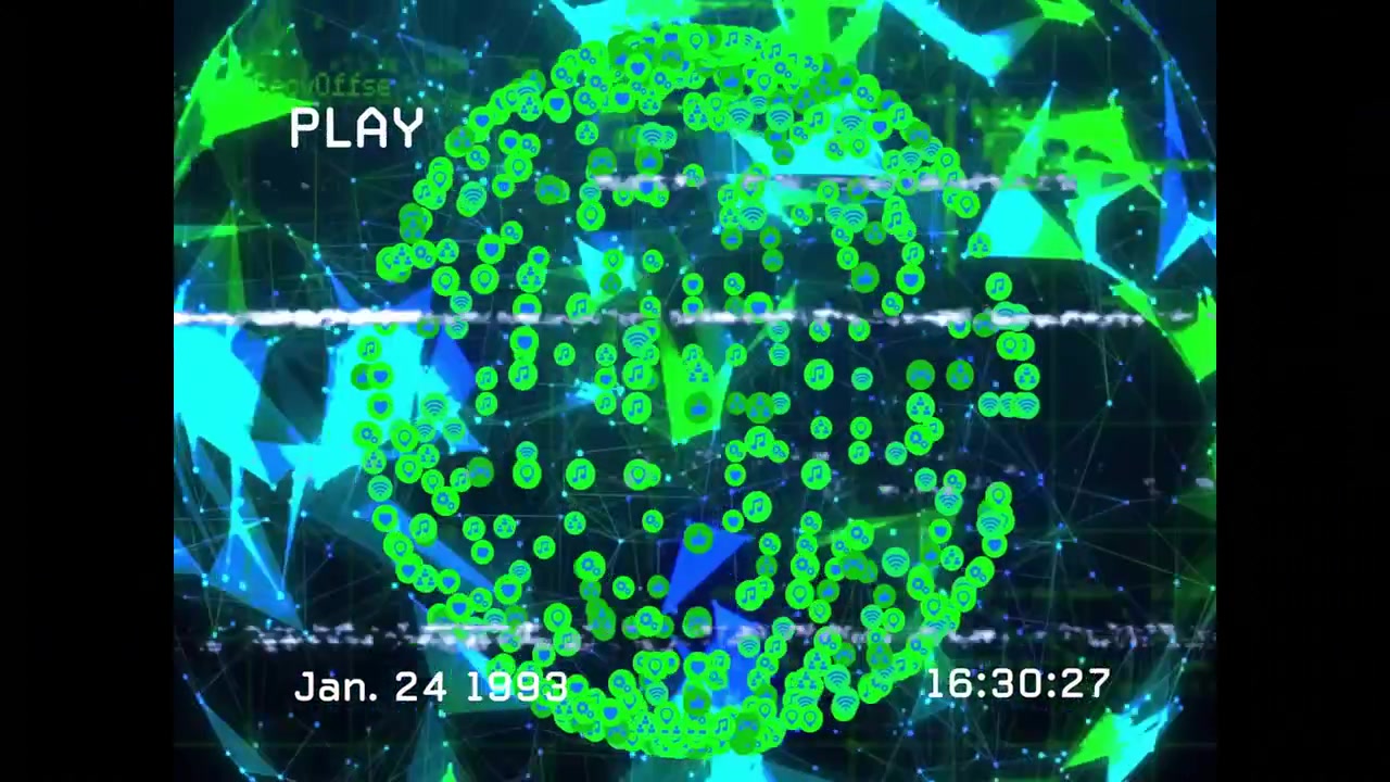 Timestamp starting at 16:30:22 initiating green sphere rotating and pulsing amid glitching overlay