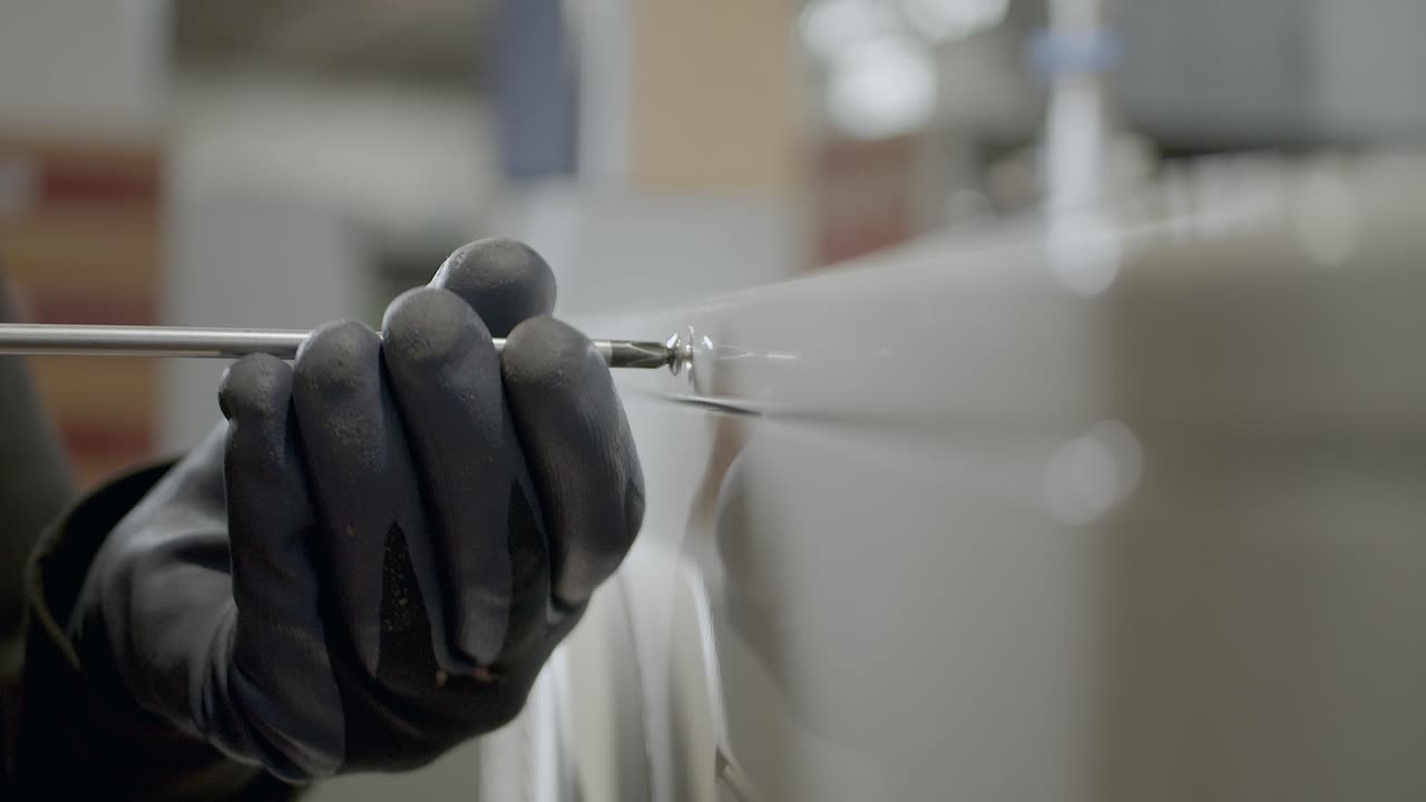 técnico eléctrico con guantes unscres caja de aire acondicionado tornillo