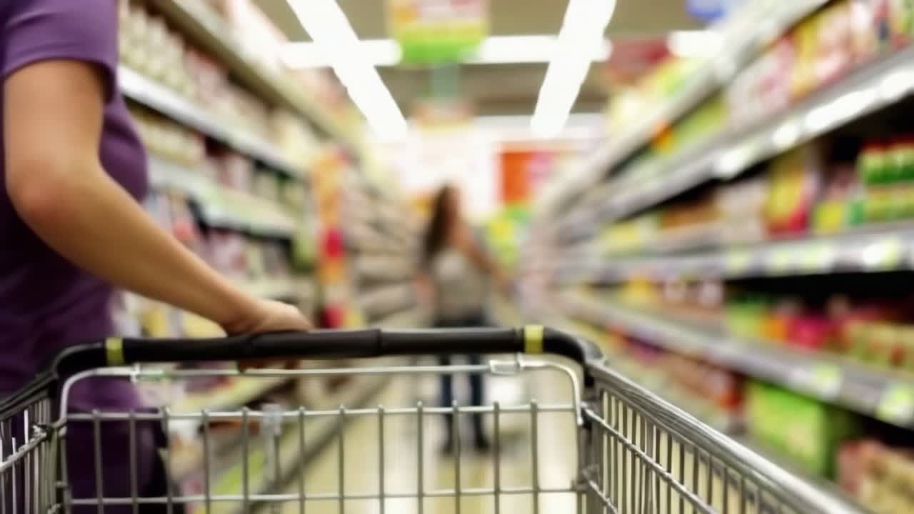 A woman is shopping in a grocery store. He is pushing a shopping cart. Other people in the store.