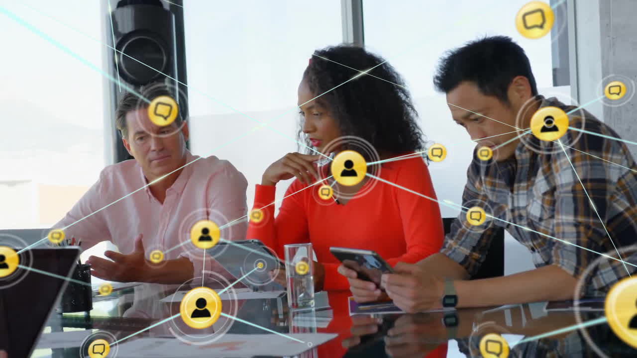 Animation of network of connections over diverse business people in office