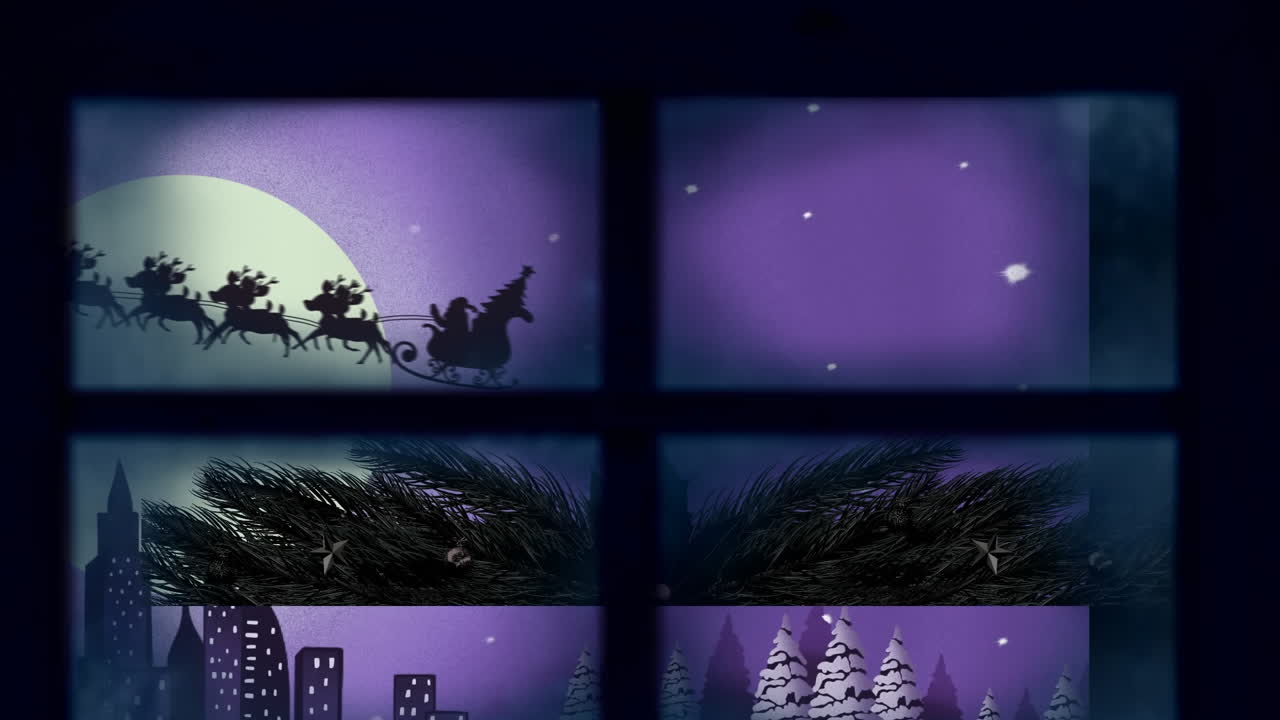 рама окна против санта-клауса в санях, тянутых оленями по городскому пейзажу