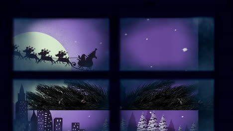 marco de la ventana contra santa claus en trineo siendo tirado por renos sobre el paisaje urbano