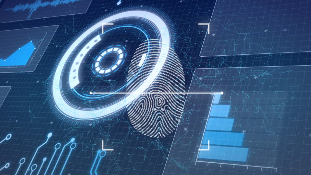Animation of biometric fingerprint scanner against round scanner data processing on blue background