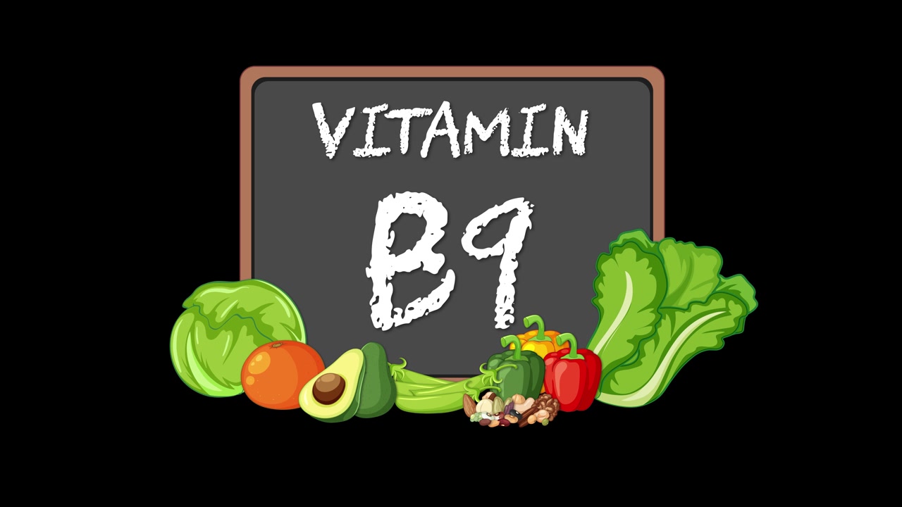 Lavagna con testo Vitamina B9, verdure animate che compaiono, stile piatto colorato, sfondo nero