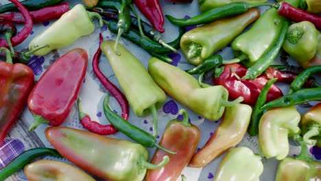 Overhead-close-up-pan-of-different-pepper-fruits-on-table-outdoors